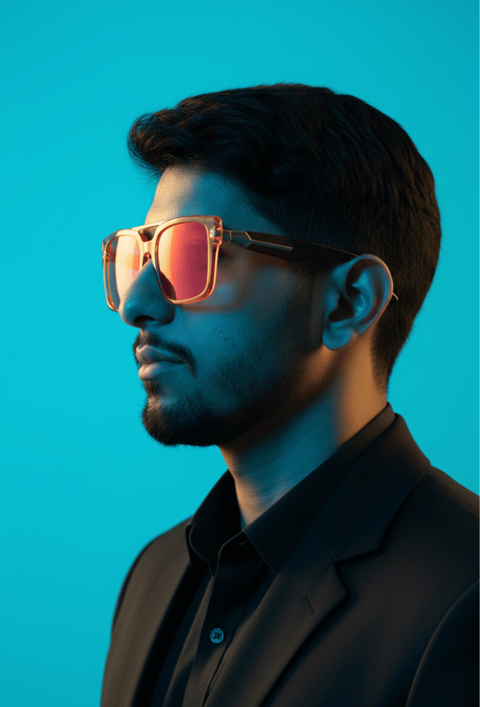 Image of a woman wearing a yellow skirt and jacket stands confidently in front of a circular door, showcasing her vibrant style.